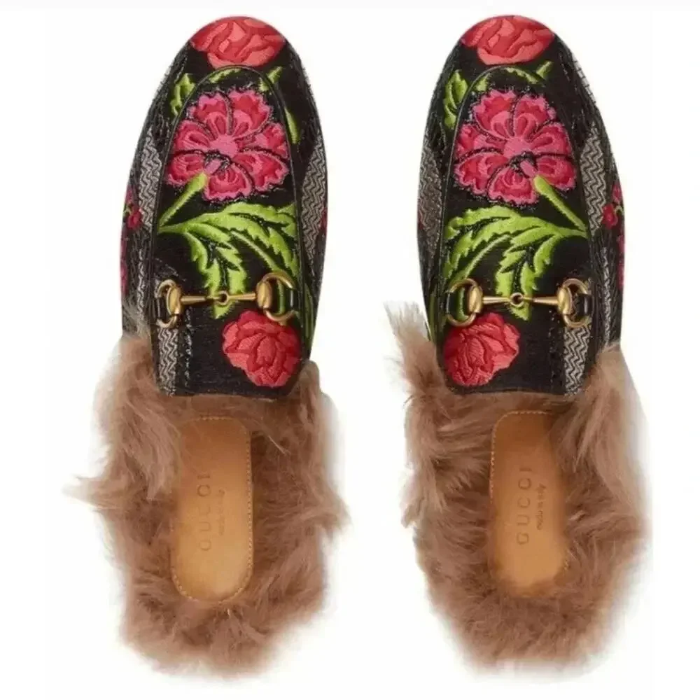 GUCCI Black Floral Brocade Jacquard FUR Princetown Slippers‎ Loafers Size 5.5 - Picture 13 of 13
